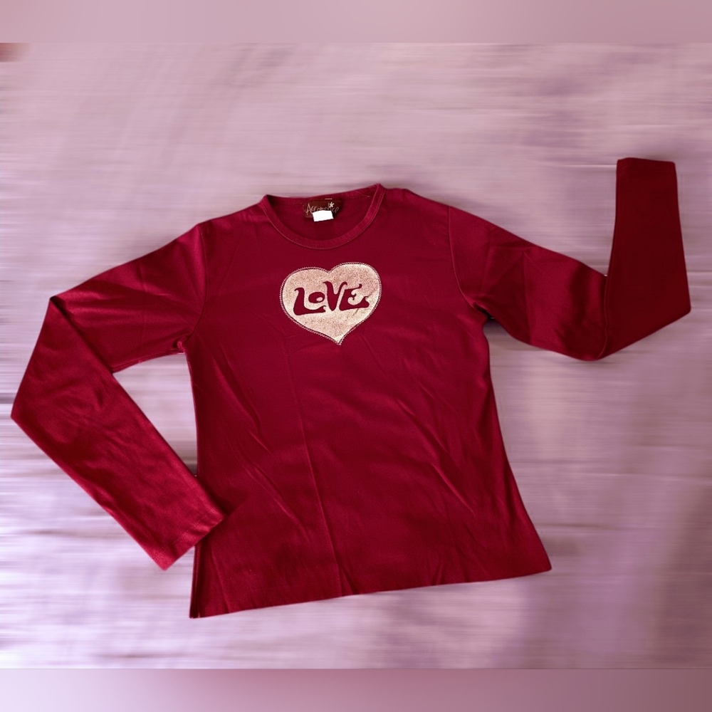 Indie Sleaze Long Sleeve Cropped Top LOVE Heart Burgundy Silver 90s Grunge Y2K - Picture 2 of 13